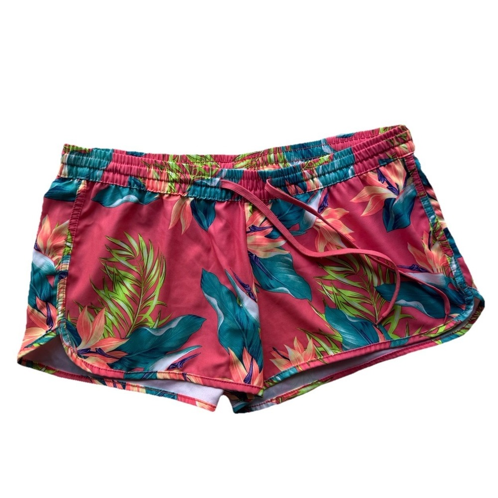 Women XL Surf Board Swim Shorts Drawstring Elastic Waist Tropical Pink Palm Leaf